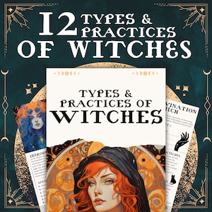以下が含まれることがあります： 12種類の魔女のタイプと実践を紹介するガイド。赤い髪の女性が黒いフード付きのローブを着ています。テキストには「魔女のタイプと実践」という文字があります。
