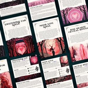 Pode incluir: Um conjunto de cartas imprim&iacute;veis de feiti&ccedil;os de amor e rituais de cristal. Os cart&otilde;es apresentam ilustra&ccedil;&otilde;es de um frasco com um cora&ccedil;&atilde;o brilhante, uma mulher em uma floresta com um veado e um cristal rosa. Os cart&otilde;es incluem instru&ccedil;&otilde;es para cada feiti&ccedil;o e ritual, incluindo quando us&aacute;-los e os ingredientes necess&aacute;rios.