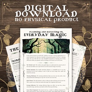 May include: A digital download planner for everyday magic with a green, brown, and gold color scheme. The planner features a forest scene with a moon and stars. The text "PLANning AND REFLECTing on, EVERYDAY Magic" is at the top of the planner.