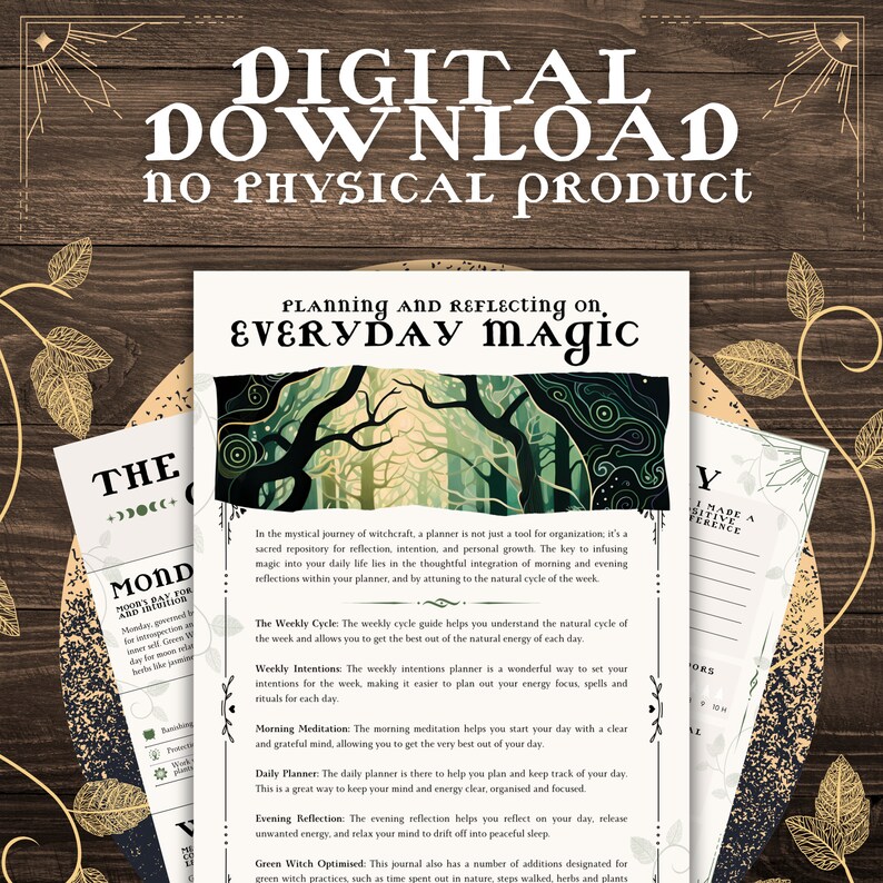 May include: A digital download planner for everyday magic with a green, brown, and gold color scheme. The planner features a forest scene with a moon and stars. The text "PLANning AND REFLECTing on, EVERYDAY Magic" is at the top of the planner.