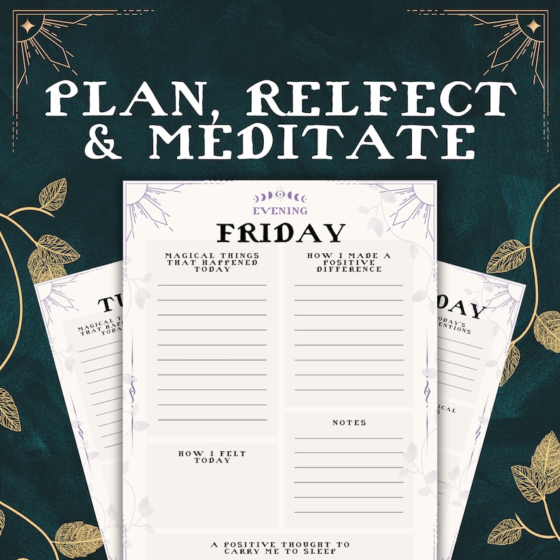 May include: Printable planner page with a purple and white design. The page is titled "Friday Evening" and includes sections for "Magical Things That Happened Today", "How I Made a Positive Difference", "How I Felt Today", "Notes", and "A Positive Thought to Carry Me to Sleep".