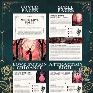 Pode incluir: Um guia imprim&iacute;vel para feiti&ccedil;os de amor e po&ccedil;&otilde;es com ilustra&ccedil;&otilde;es de uma lua, uma floresta, uma garrafa de po&ccedil;&atilde;o e um sigilo. O guia inclui instru&ccedil;&otilde;es para um feiti&ccedil;o de amor da lua, uma po&ccedil;&atilde;o de amor e um sigilo de atra&ccedil;&atilde;o.