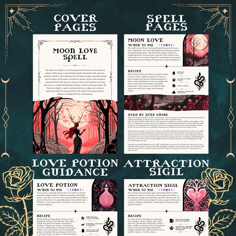 Pode incluir: Um guia imprim&iacute;vel para feiti&ccedil;os de amor e po&ccedil;&otilde;es com ilustra&ccedil;&otilde;es de uma lua, uma floresta, uma garrafa de po&ccedil;&atilde;o e um sigilo. O guia inclui instru&ccedil;&otilde;es para um feiti&ccedil;o de amor da lua, uma po&ccedil;&atilde;o de amor e um sigilo de atra&ccedil;&atilde;o.