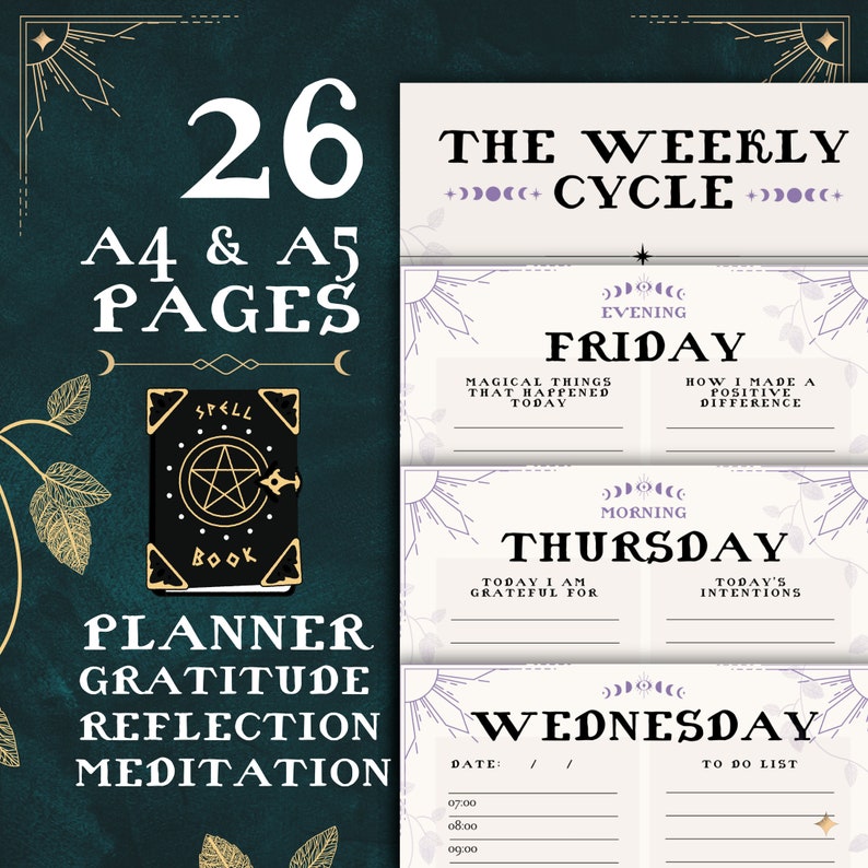 May include: A printable planner with 26 pages in A4 and A5 sizes. The planner features a weekly cycle with sections for Friday, Thursday, and Wednesday. Each day has sections for reflection, gratitude, and to-do lists. The planner has a dark green background with a black and gold book illustration.