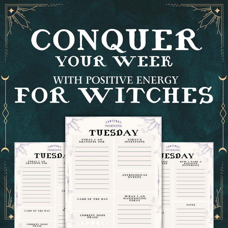 May include: Printable planner pages with a purple and white design. The pages are titled "Tuesday" and include sections for "Today I am grateful for", "Today's Intentions", "Astrological Events", "Card of the Day", "Current Moon Phase", "What I am manifesting today", "How I made a positive difference", and "Notes".