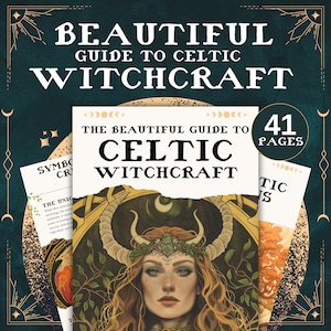 Op de afbeelding: Een gids voor Keltische hekserij met 41 pagina's, met een vrouw met hoorns en een kroon van bladeren op een groene achtergrond. De titel "The Beautiful Guide to Celtic Witchcraft" is in zwarte tekst geschreven.