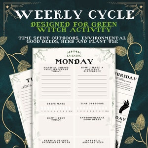 May include: A printable weekly planner designed for green witch activity. The planner includes sections for tracking magical things that happened, steps made, time spent outdoors, environmental good deeds, herbs and plants interacted with, and nature and animals seen. The planner is decorated with a green and gold floral design.
