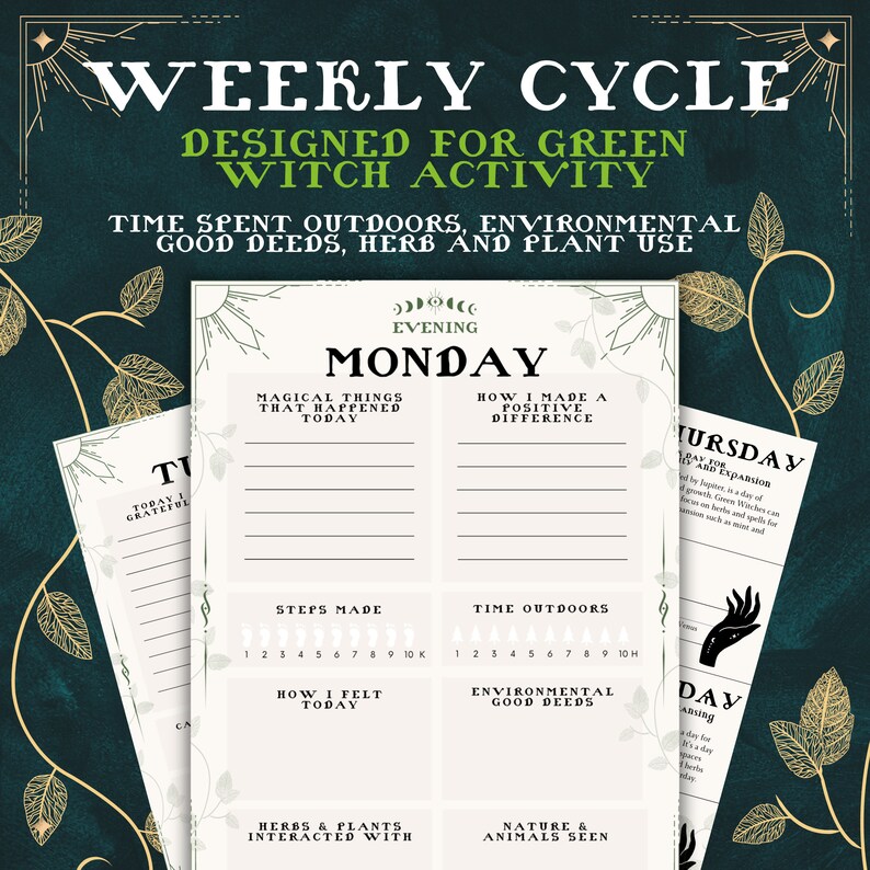 May include: A printable weekly planner designed for green witch activity. The planner includes sections for tracking magical things that happened, steps made, time spent outdoors, environmental good deeds, herbs and plants interacted with, and nature and animals seen. The planner is decorated with a green and gold floral design.