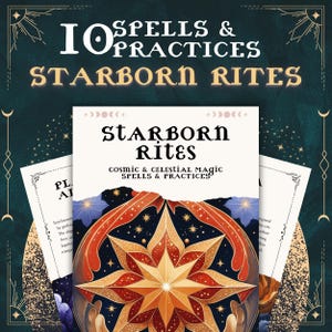 Pode incluir: Imagem promocional para "Starborn Rites", um guia de magia cósmica e celestial. O design apresenta uma ilustração central de uma explosão estelar com um esquema de cores azul escuro e laranja. O texto inclui "10 Spells & Practices" e "Starborn Rites".