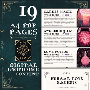Pode incluir: Um grim&oacute;rio digital com 19 p&aacute;ginas de instru&ccedil;&otilde;es de feiti&ccedil;os. O grim&oacute;rio &eacute; ilustrado com um livro preto com uma estrela dourada e a palavra "SPELL" na capa. As p&aacute;ginas s&atilde;o ilustradas com velas, jarros, po&ccedil;&otilde;es e saquinhos. O texto nas p&aacute;ginas inclui os t&iacute;tulos "Magia das Velas", "Jarro de Do&ccedil;ura", "Po&ccedil;&atilde;o do Amor" e "Sachets de Amor Herbal".