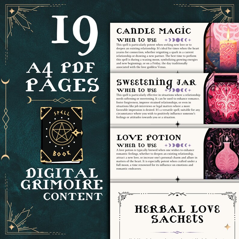 Pode incluir: Um grim&oacute;rio digital com 19 p&aacute;ginas de instru&ccedil;&otilde;es de feiti&ccedil;os. O grim&oacute;rio &eacute; ilustrado com um livro preto com uma estrela dourada e a palavra "SPELL" na capa. As p&aacute;ginas s&atilde;o ilustradas com velas, jarros, po&ccedil;&otilde;es e saquinhos. O texto nas p&aacute;ginas inclui os t&iacute;tulos "Magia das Velas", "Jarro de Do&ccedil;ura", "Po&ccedil;&atilde;o do Amor" e "Sachets de Amor Herbal".