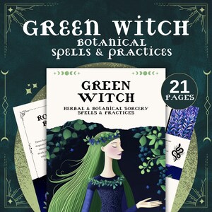 Pode incluir: Um conjunto de livros ilustrados com o título "Green Witch" e o subtítulo "Herbal & Botanical Sorcery Spells & Practices". A capa apresenta uma mulher com cabelo verde e uma coroa de flores. O livro tem 21 páginas.