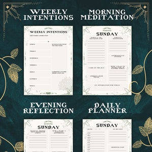 May include: Printable planner pages with a green and gold floral design. The pages include sections for weekly intentions, morning meditation, evening reflection, and daily planning. The pages are titled "Sunday" and include prompts for journaling and reflection.