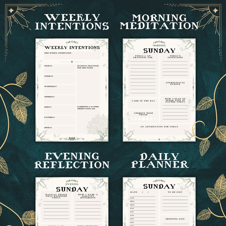 May include: Printable planner pages with a green and gold floral design. The pages include sections for weekly intentions, morning meditation, evening reflection, and daily planning. The pages are titled "Sunday" and include prompts for journaling and reflection.