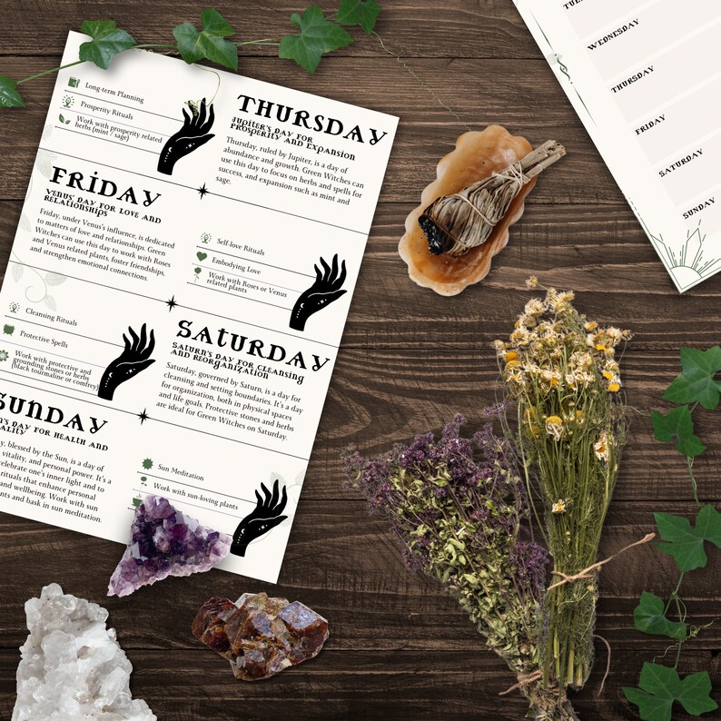 May include: A printable chart with a black and white hand illustration and text outlining the days of the week and their corresponding magical uses. The text includes "Thursday, Prosperity and Expansion", "Friday, Venus Day for Love and Relationships", "Saturday, Saturn Day for Cleansing and Reorganization", and "Sunday, Day for Health and Vitality".