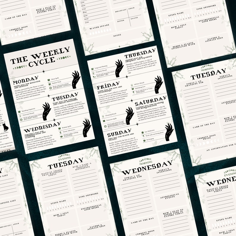May include: A printable weekly planner with a witchy theme. Each day of the week is represented by a hand with a different symbol. The planner includes sections for daily intentions, gratitude, and reflection.