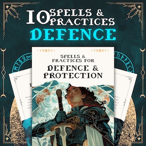 Pode incluir: Uma capa de livro com uma mulher de armadura segurando uma espada. O título do livro é "Spells & Practices for Defence & Protection".