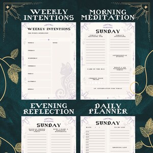 May include: A printable planner with a purple and white design featuring a cat illustration. The planner includes sections for weekly intentions, morning meditation, evening reflection, and a daily planner. The planner is designed for Sunday.