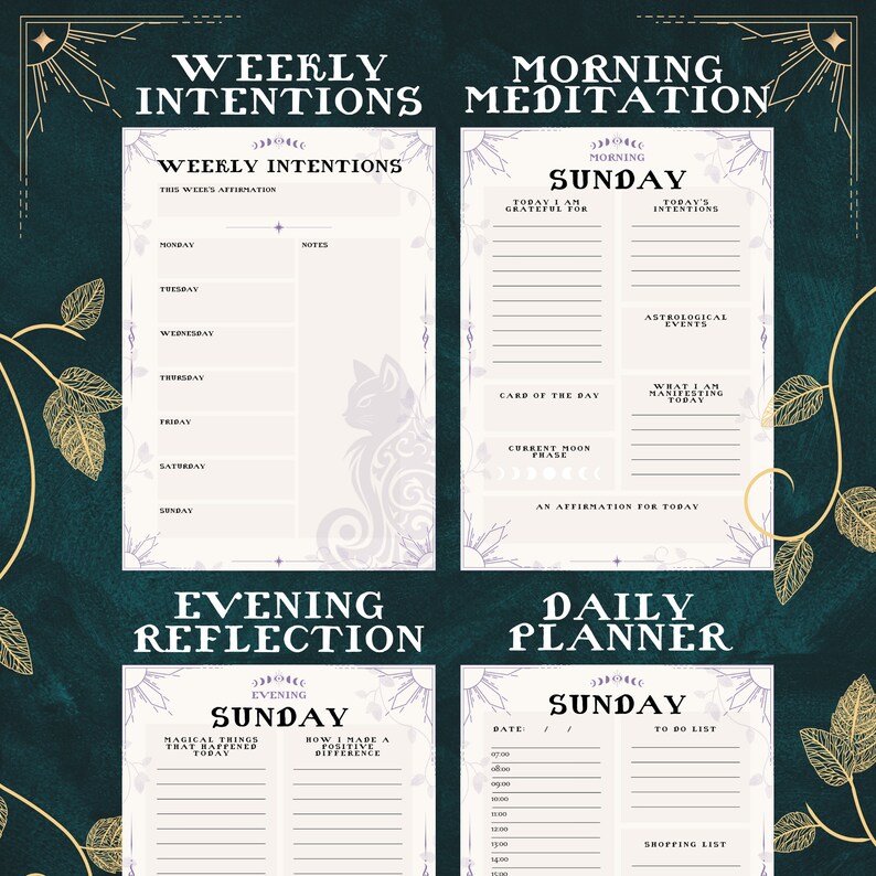 May include: A printable planner with a purple and white design featuring a cat illustration. The planner includes sections for weekly intentions, morning meditation, evening reflection, and a daily planner. The planner is designed for Sunday.