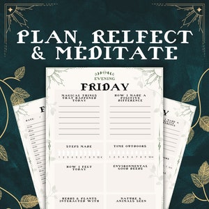 May include: A printable planner page with a green and gold design. The page is titled "Evening Friday" and includes sections for "Magical Things That Happened Today", "How I Made a Positive Difference", "Steps Made", "Time Outdoors", "How I Felt Today", "Environmental Good Deeds", "Herbs & Plants Interacted With", and "Nature & Animals Seen".