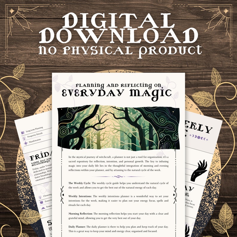 May include: A digital printable planner with a forest background and the text "Planning and Reflecting on Everyday Magic". The planner includes sections for weekly intentions, daily planning, and morning reflections.