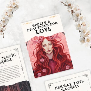 Pode incluir: Uma capa de livro ilustrada em rosa e branco com o texto "Spells & Practices for Love" em preto. A capa apresenta uma mulher com cabelo ruivo e uma coroa de chifres.