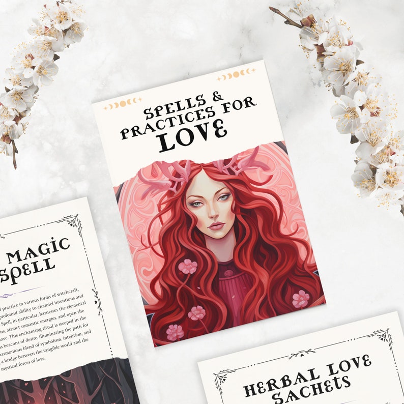 Pode incluir: Uma capa de livro ilustrada em rosa e branco com o texto "Spells & Practices for Love" em preto. A capa apresenta uma mulher com cabelo ruivo e uma coroa de chifres.