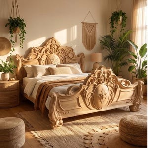 May include: A light-coloured wooden bed with elaborate carvings on the headboard and footboard. The bed is made of light-coloured wood and is the focal point of a bedroom with neutral tones and natural light.