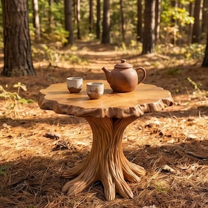 May include: A handcrafted wooden table with a tree trunk base and a natural edge top. Two small ceramic cups and a brown teapot sit on the table. The table is outdoors in a forest setting, surrounded by trees and fallen pine needles.