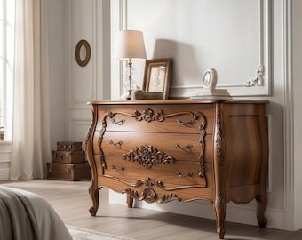 Tocador barroco de madera maciza tallado a mano / Tocador de dormitorio de lujo vintage Mesa de maquillaje antigua de madera con detalles de tallado clásicos