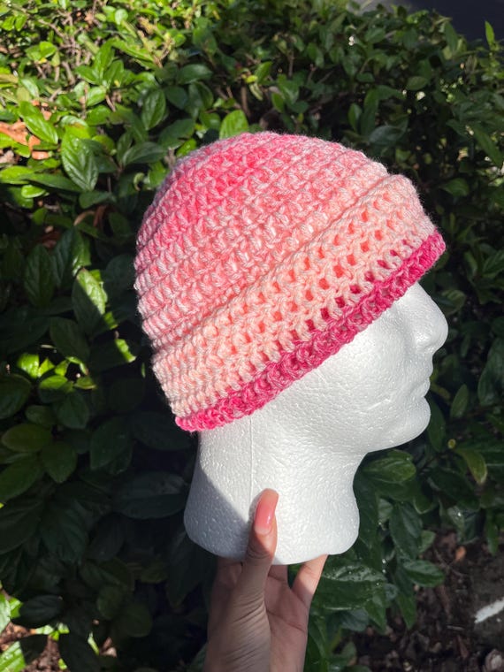Handmade Crochet Pink Beanie Hat Women Men Unisex Scrap Yarn