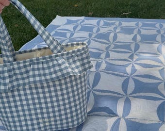 Ruffle Quilted Stroller Diaper Bag, Adjustable Tote Bag, Gingham Pattern