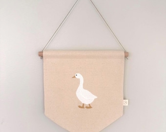 Embroidered Goose Canvas Banner: Neutral Nursery Wall Hanging