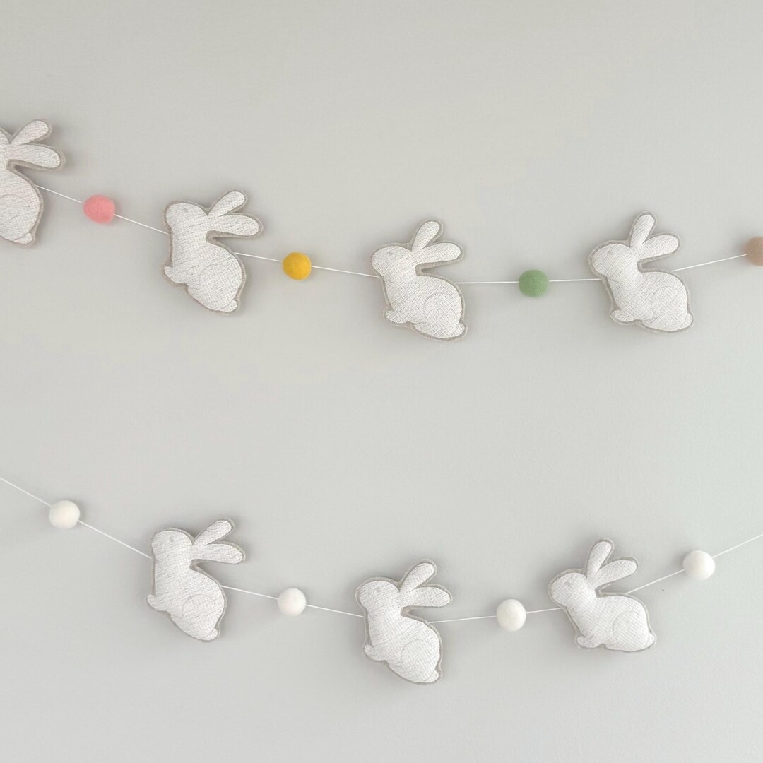 Easter Bunny Garland Wall Decor, Bunnies on String With Felt Pom Poms ...