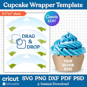 Puede incluir: Plantilla de envoltorio para cupcake imprimible con un diseño de cielo azul y colinas verdes. La plantilla incluye el texto "DRAG & DROP" y un icono de arrastrar y soltar. La plantilla mide 8,5 pulgadas por 11 pulgadas.