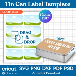Peut inclure: Un modèle d'étiquettes pour boîtes de conserve, avec une feuille de six modèles d'étiquettes et une boîte rectangulaire. La feuille mesure 21,6 cm x 27,9 cm et contient le texte "DRAG & DROP". La boîte mesure 9,2 cm x 5,7 cm et contient le texte "YOUR DESIGN HERE".