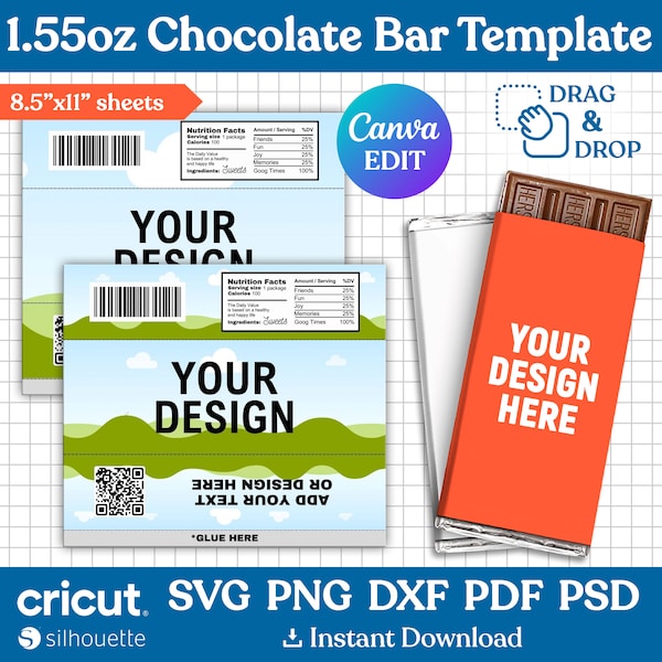 1.55oz Chocolate Bar Wrapper Template, Candy Bar Wrapper, Chocolate Wrapper Label Template, Nutritional Label, Party Favor, Canva Editable