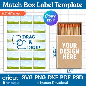 May include: A printable template for matchbox labels. The template features a design with a green and blue landscape and the text "DRAG & DROP". The template is 8.5 inches by 11 inches and includes 16 labels. The template is designed to be used with a cutting machine.