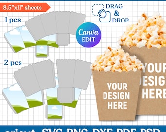 Plantilla de caja de palomitas de maíz, caja de palomitas de maíz Svg, caja de bocadillos Svg, caja de obsequios de fiesta, plantilla de caja de bocadillos, palomitas de maíz Svg, obsequios de fiesta, Canva editable