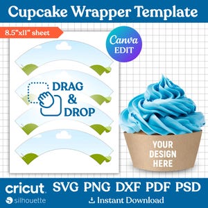 Puede incluir: Plantilla de envoltorio de cupcake imprimible con cielo azul, hierba verde y nubes blancas. La plantilla incluye el texto "DRAG & DROP" y un cuadro punteado con una mano que apunta a él. La plantilla está diseñada para usar con Canva y está disponible en los formatos SVG, PNG, DXF, PDF y PSD.
