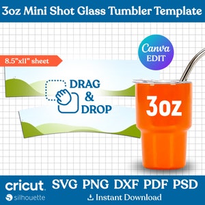 Modello tumbler in vetro da 3 once, modello tumbler mini shot wrap, modello mini tumbler, modello tumbler in vetro shot, svg, Canva modificabile