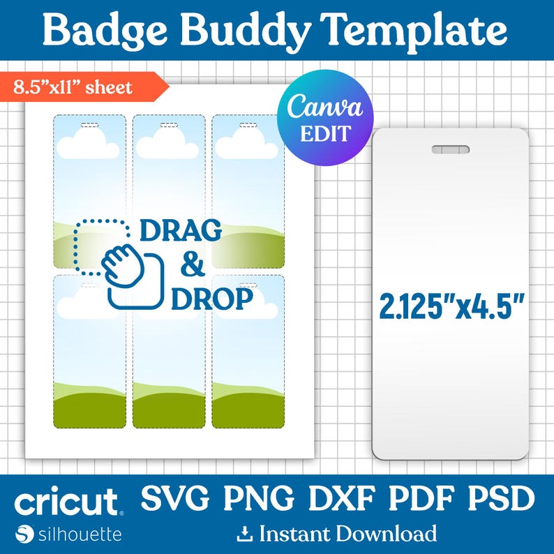 K&ouml;nnte beinhalten: Eine druckbare Vorlage zum Erstellen von Badge-Buddies. Die Vorlage enth&auml;lt vier 2,125 Zoll mal 4,5 Zoll gro&szlig;e Badge-Buddy-Designs mit einem himmelblauen Hintergrund, wei&szlig;en Wolken und gr&uuml;nen H&uuml;geln. Die Vorlage enth&auml;lt auch ein gr&ouml;&szlig;eres leeres Badge-Buddy-Design. Der Text "DRAG & DROP" ist auf der Vorlage enthalten.