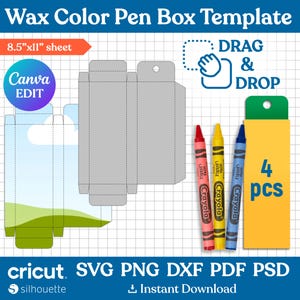 4 Stück Buntstift-Box-Vorlage, Wachsmalstift-Box-Vorlage, Wachsfarbe Stift Geschenkbox, Box-Vorlage, Partybevorzugung Box, Geschenkbox svg, png, canva editierbar