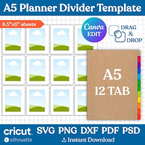 Può includere: Un modello digitale di divisori per agenda A5 per fogli da 21,6 cm x 27,9 cm, con dodici divisori bianchi con grafiche di paesaggi verdi e linguette laterali. È mostrata una copertina marrone con il testo A5 12 TAB. Include formati Canva, Cricut, SVG, PNG, DXF, PDF e PSD.
