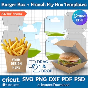 Op de afbeelding: Afbeelding met sjablonen voor hamburger- en frietboxen. De afbeelding bevat een hamburger, friet en de tekst "YOUR DESIGN HERE". De sjablonen zijn ontworpen voor A4-vellen (ca. 21 x 29,7 cm) en zijn beschikbaar in SVG-, PNG-, DXF-, PDF- en PSD-formaten.
