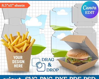 Plantilla para caja de papas fritas, hamburguesa, snack, comida, envases de comida, imprimible, recuerdo de fiesta, editable en Canva