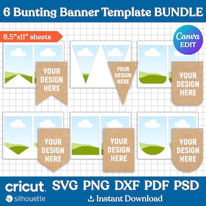 Vågbanderollmall PAKET, Vågbanderollsvg, Flaggabanderollsvg, Vågbanderflaggasvg, Födelsedagsgirlang, Klippfil, Utskrivbar, Canva-redigerbar