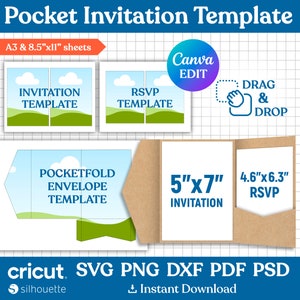 Pocketfold Vorlage, 5x7 Zoll Pocket Hochzeitseinladung Vorlage, Hochzeitseinladung mit Umschlag Vorlage, Printable, SVG, Canva Bearbeitbar