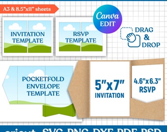Pocketfold Template, 5x7 inch Pocket Wedding Invitation Template, Wedding Invitation with Envelope Template, Printable, Svg, Canva Editable