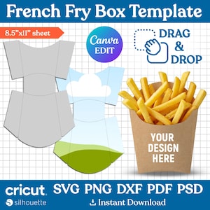Op de afbeelding: Een sjabloon voor een frietbakje met de tekst "French Fry Box Template" en "8.5"x11" sheet". De afbeelding bevat een bruine papieren doos gevuld met friet en de woorden "YOUR DESIGN HERE". Bevat ook "Canva EDIT" en "DRAG & DROP".